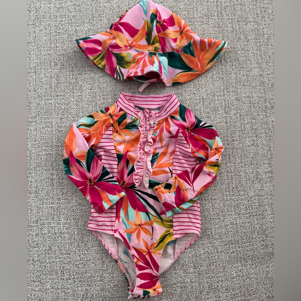 Jessica Simpson Baby Girl Tropical Print Swimsuit with Sun Hat 12M